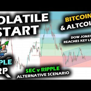 VOLATILE OUT THE GATES, Bitcoin Price Chart Dips with Altcoin Market and XRP, Dow Jones Nears Level