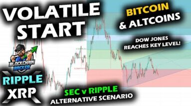 VOLATILE OUT THE GATES, Bitcoin Price Chart Dips with Altcoin Market and XRP, Dow Jones Nears Level